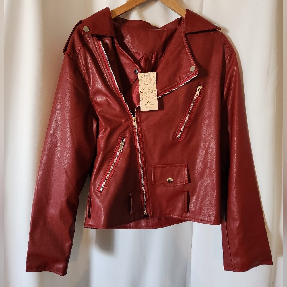 Japanese Red Vegan Leather Motorcycle Biker Jacket